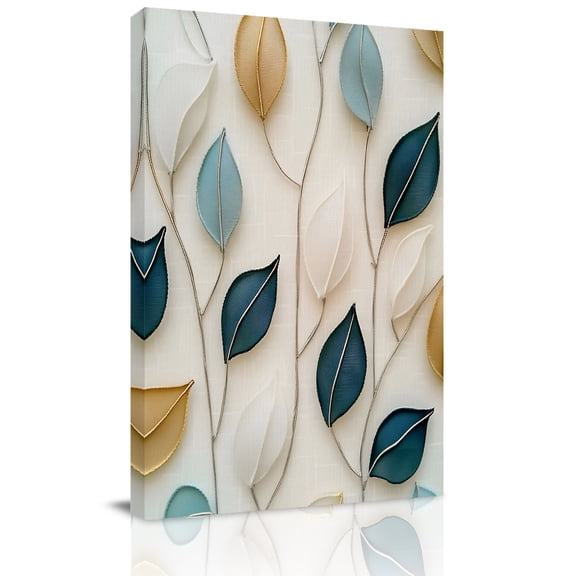 Canvas Wall Art, Blue Beige Leaf Framed Canvas Prints for Kitchen Bedroom, Farmhouse Summer Botanical Watercolor Small Gallery Wrapped Wall Decor for Home Office, Gifts, 8"x12" Ship Next Day