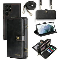 Galaxy S22 Ultra Wallet Case Premium Leather Flip Zipper Detachable Magnet Wallet Stand Card Holder Case with Crossbody Lanyard Strap Zipper Pocket Cover for Samsung Galaxy S22 Ultra, Black