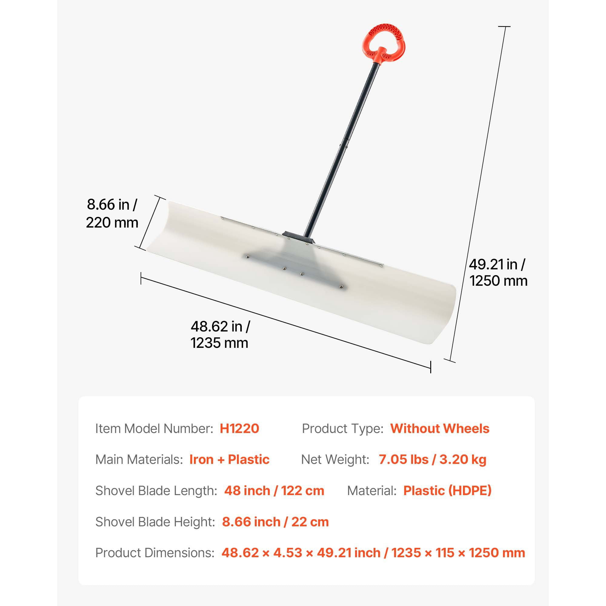 48" Snow Pusher Shovel with Metal Edge, HDPE Blade, Anti-Slip Grip, Segmented Handle, for Driveway Deck Stairs Winter Snow Removal