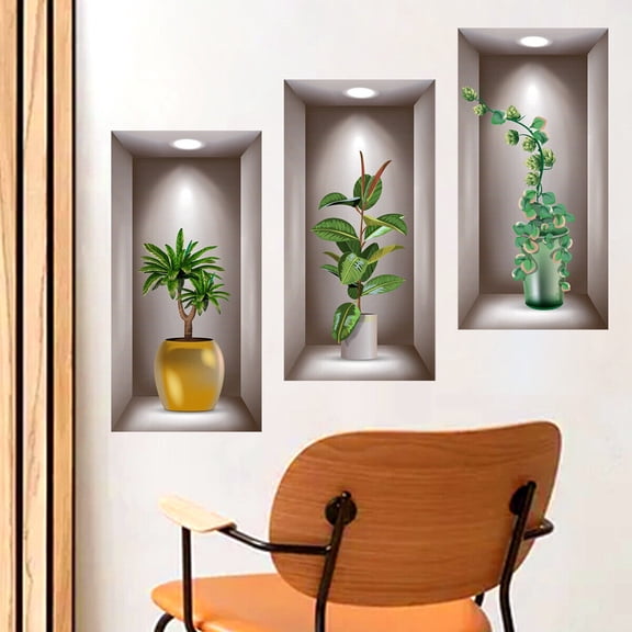 3PCS Potted Green Plant Wall Stickers Self Adhesive Decals Living Room Art Decor-2#