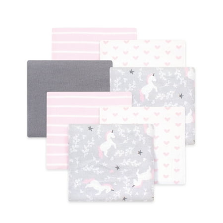 Little Treasure Hudson Baby Girls Cotton Poly Flannel Receiving Blankets 7-Pack, Grey Whimsical Unicorn, 30x30 inches