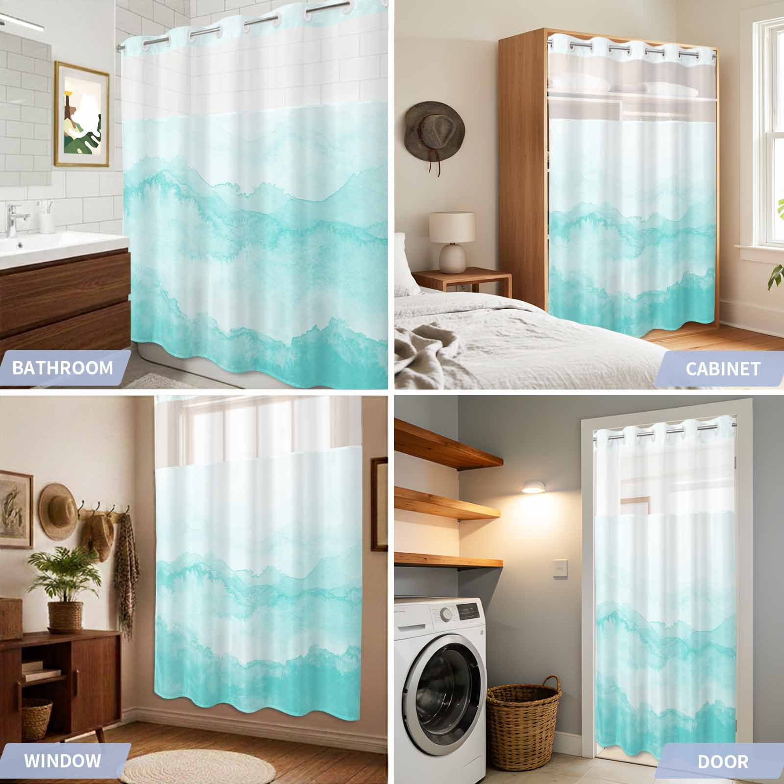 No Hook Shower Curtain Turquoise Mountain Shower Curtain for Bathroom Ombre Abstract Natural Bath Curtains Waterproof Fabric with See Through Top Window for Spa Hotel 72x72 Inch