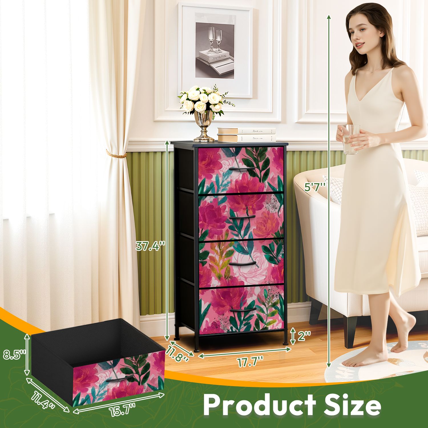 4 Drawer Vertical Storage Dresser Watercolor spring floral bouquets Vintage botanical with Wood Top Fabric Pull Drawers