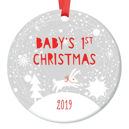 Bunny Baby's 1st Christmas Ornament 2019, Winter Rabbit Baby's First Christmas, Baby Boy 3