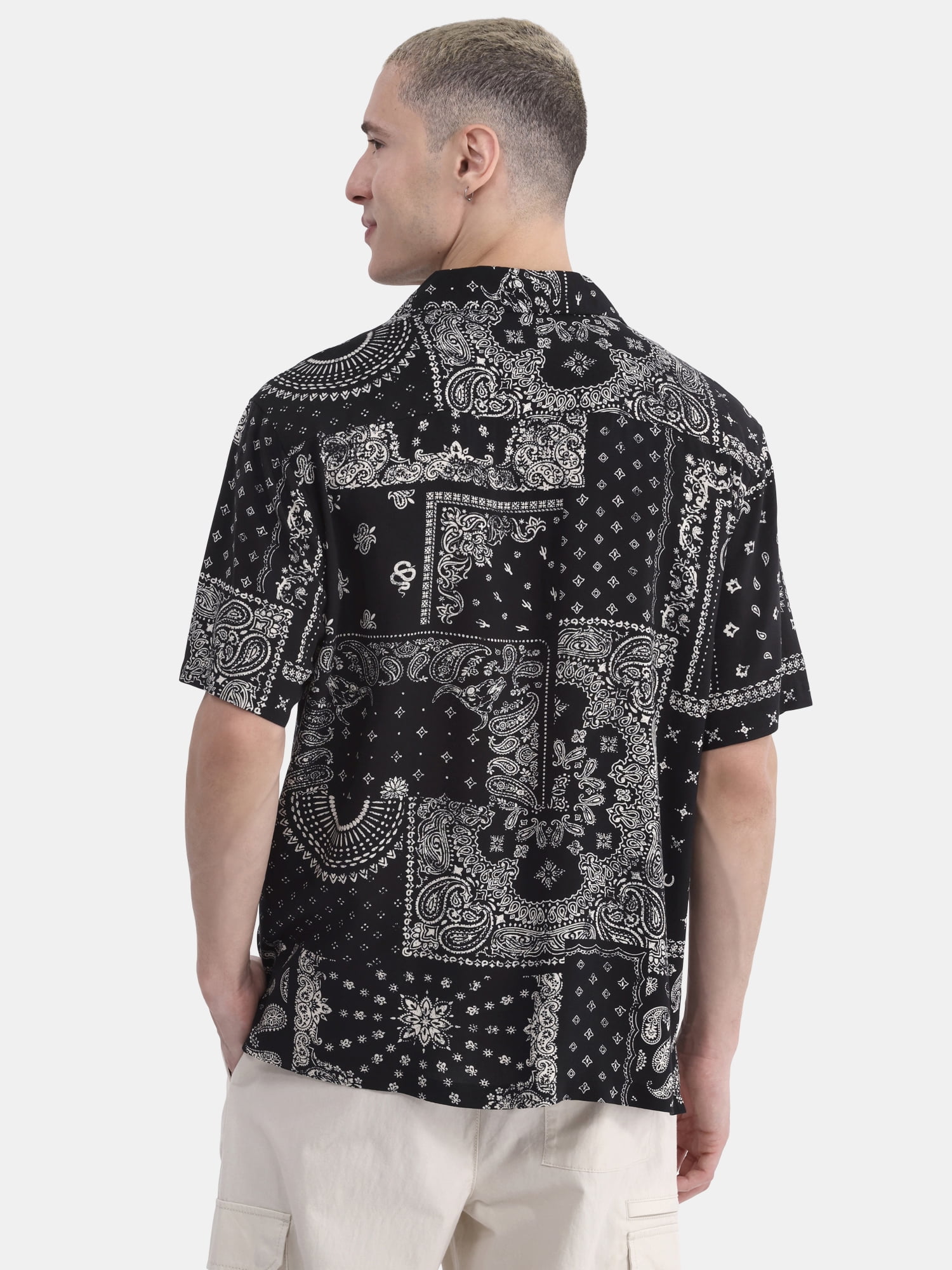 No Boundaries Men's & Big Men's Rayon Print Button Up Shirt with Short Sleeves, Sizes XS-5XL