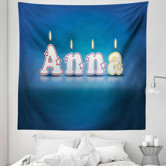 Anna Tapestry, Birthday Candles with Little Stars in Shape of Letters Girls Name, Fabric Wall Hanging Decor for Bedroom Living Room Dorm, 5 Sizes, Blue and Multicolor, by Ambesonne