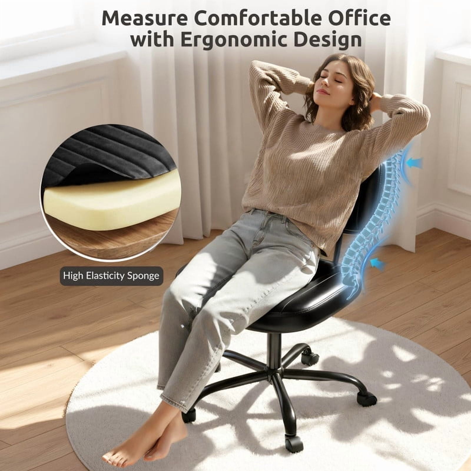 Kelno Armless Desk Chair Height Adjustable Swivel Rolling PU Leather Task Chair with Lumbar Support, Black