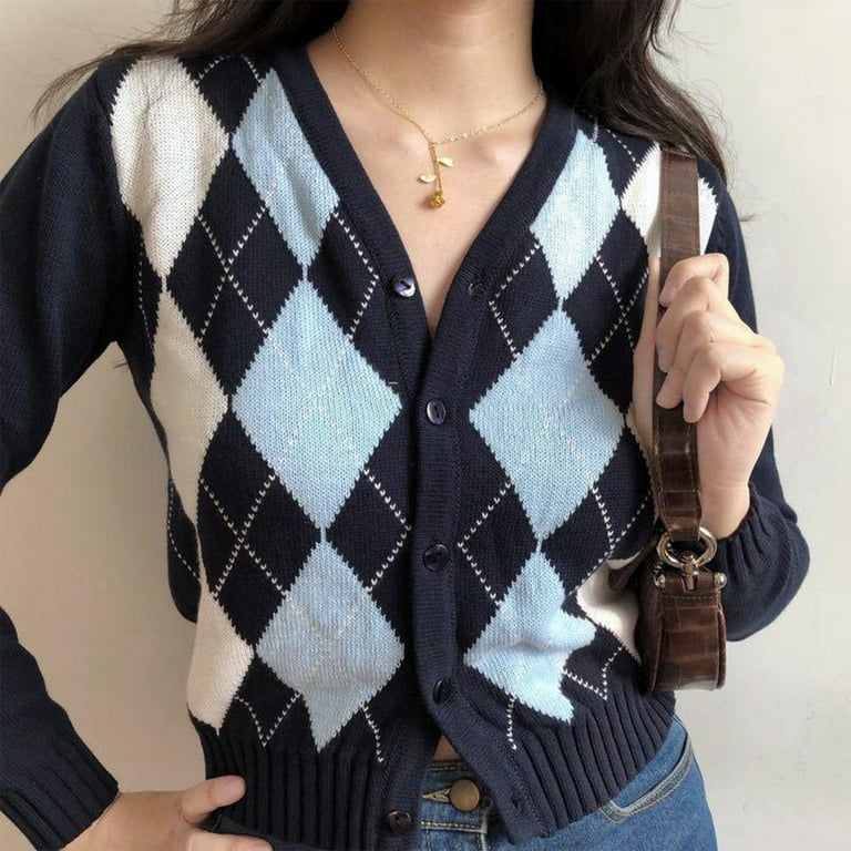 Women Long Sleeve Button Down Knit Cardigan Vintage Argyle Plaid