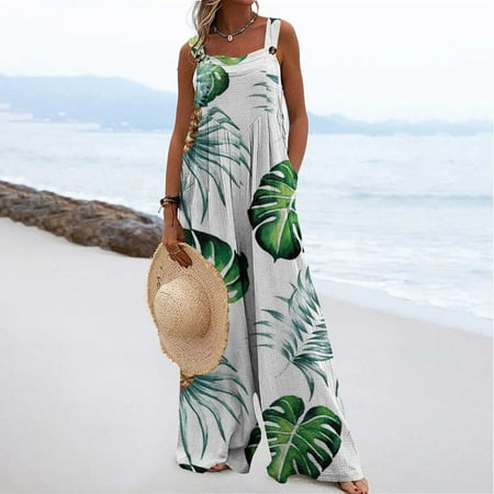 

Women s Loose Casual Sleeveless Wide Leg Jumpsuits Print Trendy Button Strap Bib Overall Jumpsuits with Pockets