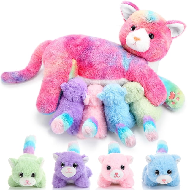 Peluche Skylety, gato cariñoso con 4 gatitos de peluche de 40 cm