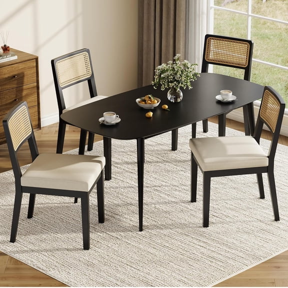 Rattan Dining Chairs Set of 4, French Country Upholstered Dining Chairs Wood Frame, Rattan Backrest, Armless Chair for Kitchen Restaurant Dining Room Bedroom, Linen, Black