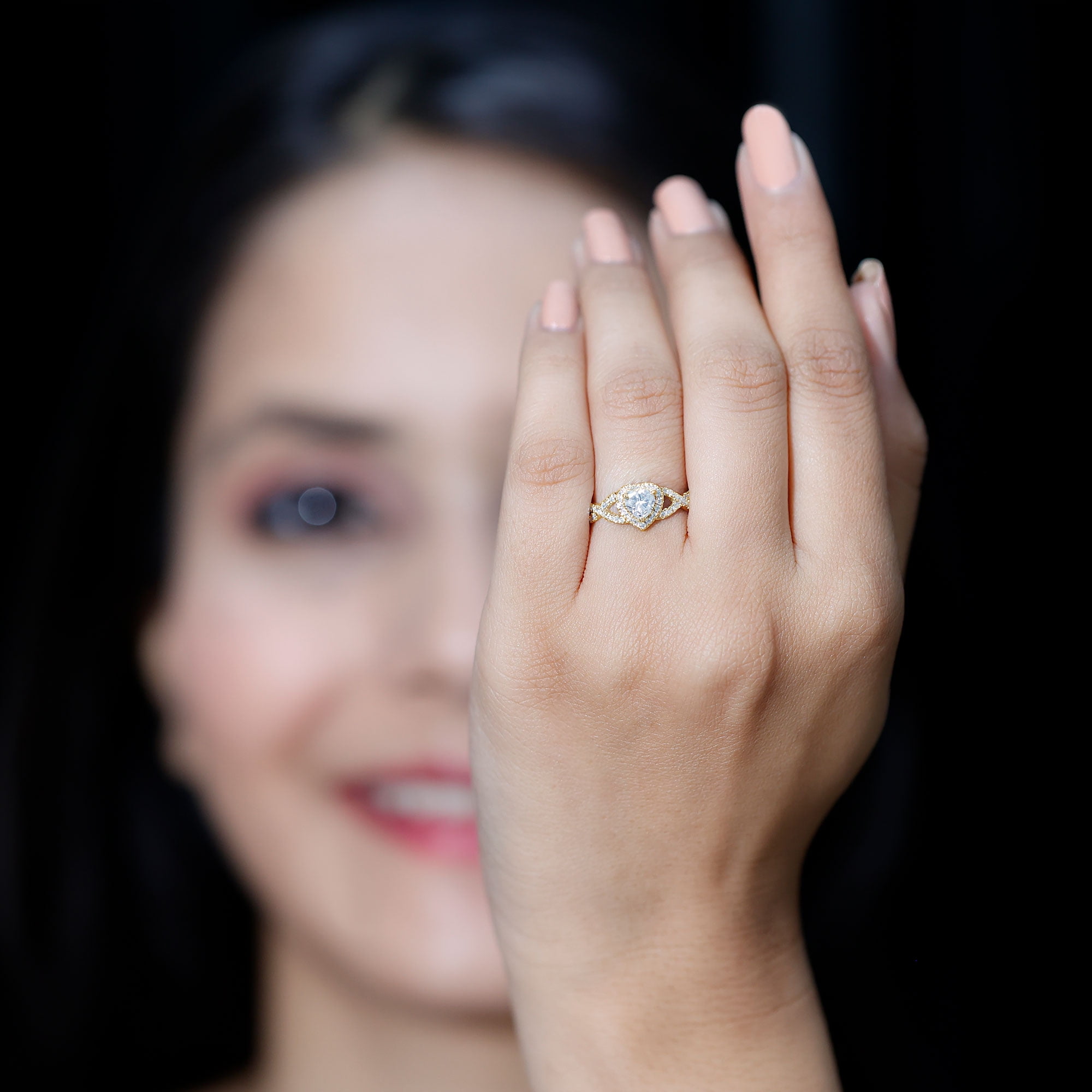 Rosec Jewels Moissanite Heart Engagement Ring for Women - 1/2 Carat - Moissanite Halo Crossover Ring - D-VS1 Grade, 14K Yellow Gold, US 9.00
