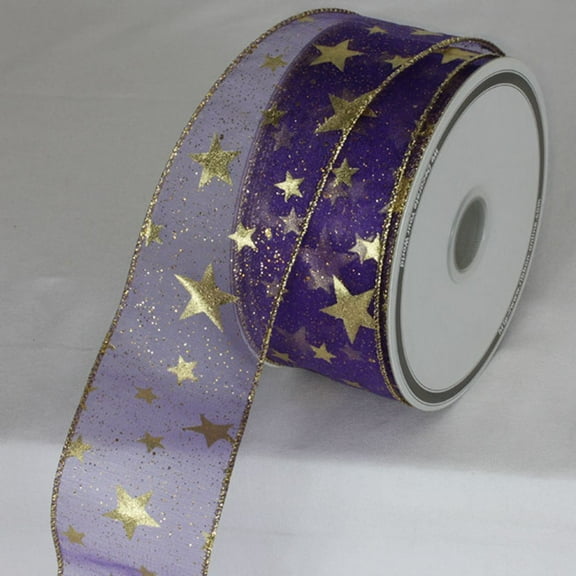 The Ribbon People Purple and Gold Stars Sheer Metallic Wired Craft Ribbon 2" x 20 Yards