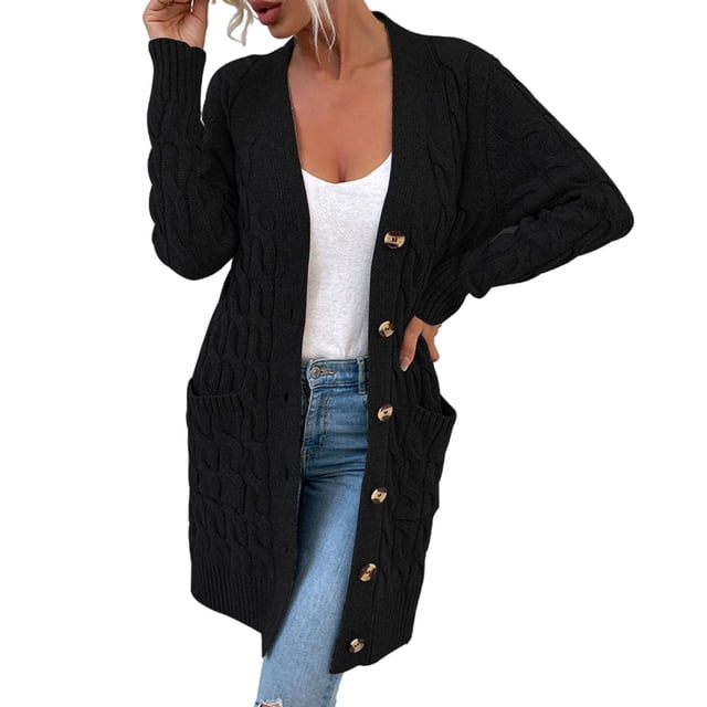Suéter de mujer moda elegante señoras otoño manga larga punto cárdigan prendas de vestir Negro L jinwen Chaqueta de punto