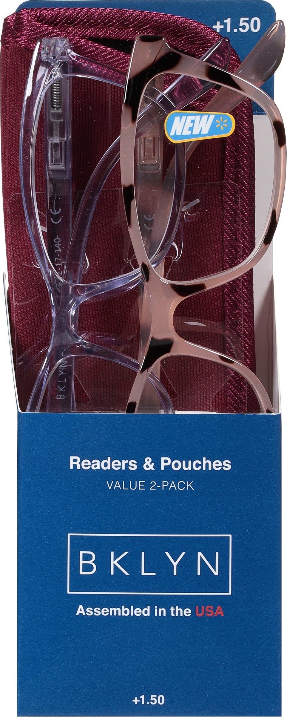 (2 pack) Bklyn, Marcy +1.50, Adult, Womens, Plastic Reading Glasses & Pouches Value Pack , 2 Ea