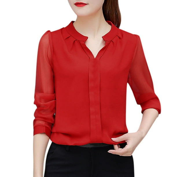 XZNGL Fashion Women Solid Long Sleeve Chiffon V Neck Work Shirt Top Blouse  