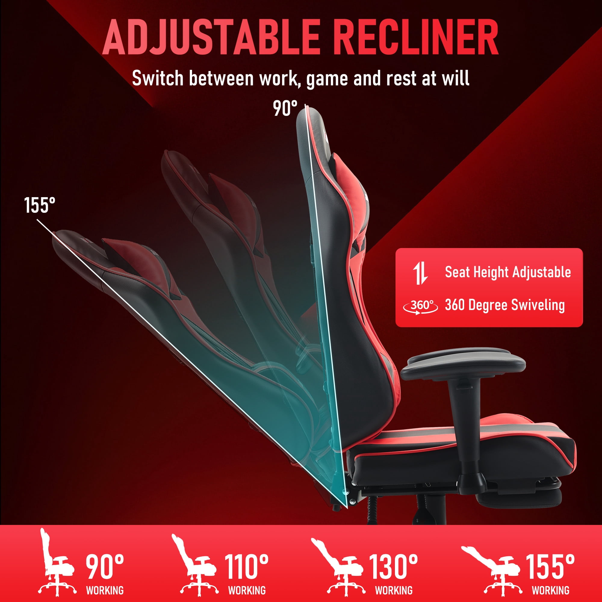 JONPONY Big and Tall 500LBS Gaming Chair with Footrest and Lumbar Support, High Back Ergonomic Recliner,Height Adjustable Leather Computer Desk Chair for Home Office, Red