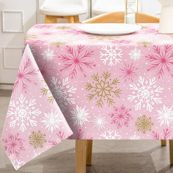 Christmas Tablecloth Gold Pink Snowflake Table Cloth Xmas Winter Snowflake Rectangle Table Cover for Christmas Holiday Party Table Decor, 60 x 102 Inch