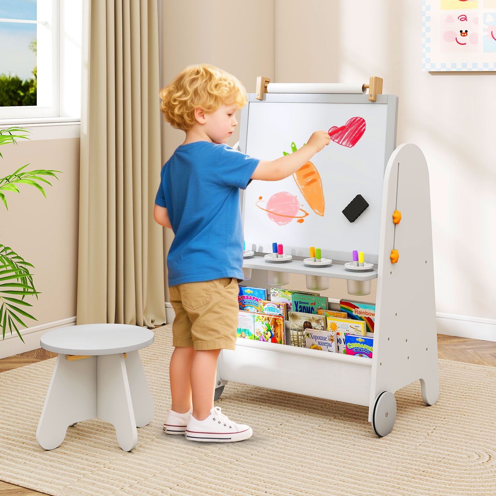 INFANS Easel for Kids with Stool, 4-in-1 Double-Sided Adjustable Magnetic Chalkboard with Paper Roll, Bookshelves, Wheels, Wooden Standing Painting Drawing Art Board for Boys Girls