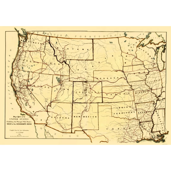 Historic Nautical Map - Mississippi River Western Mail Routes  - Boyd 1867 - 23 x 33 - Vintage Wall Art