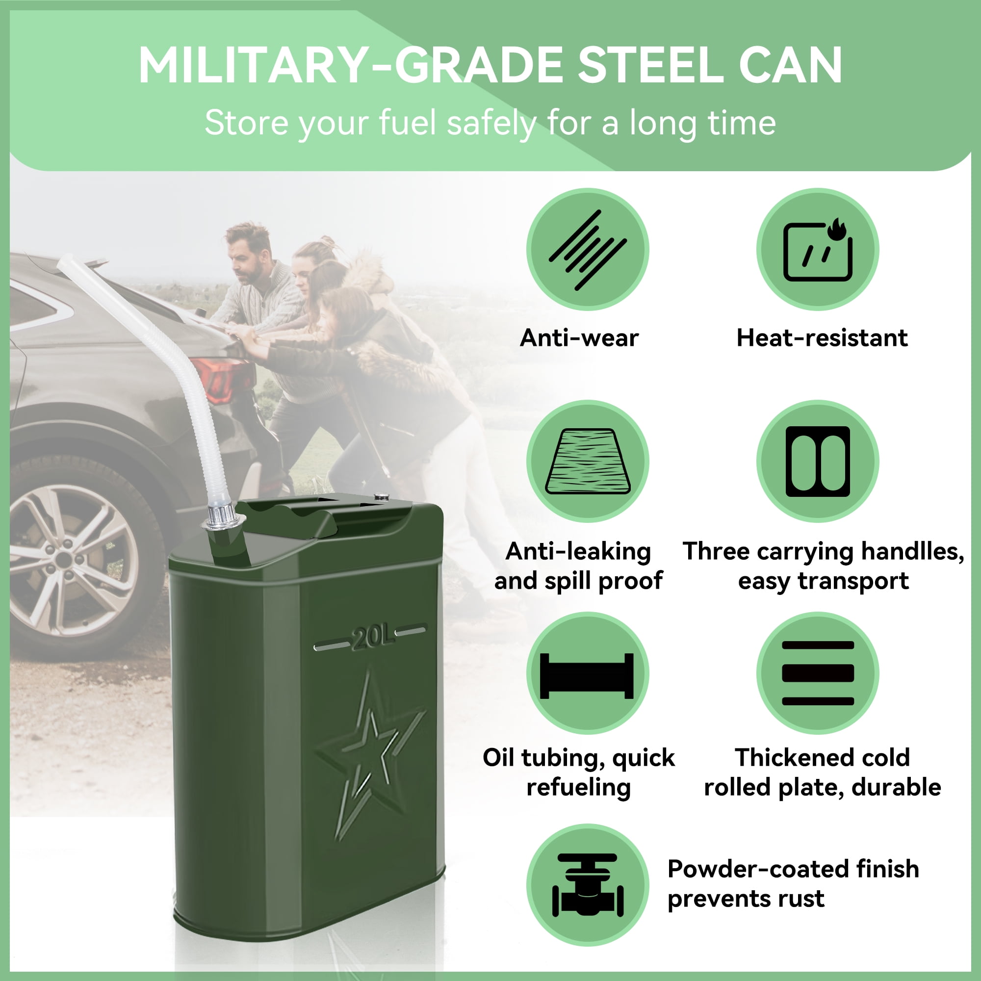 Deli Jerry Fuel Can,Metal Gas Can 5.3 Gallon / 20 L, 5 Gallon Gas Cans for Gasoline, Trucks Cars Motorcycle Equipment,Green,1 Pack