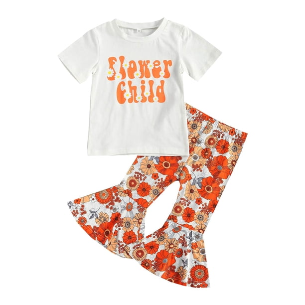 Conjunto De Camiseta De Manga Corta Con Letras Para Bebé Niña Pequeña, Tops Florales Acampanados, Pantalones Acampanados, Polainas, Conjunto De Trajes De Verano Para Niños (Blanco 4-5 Años)