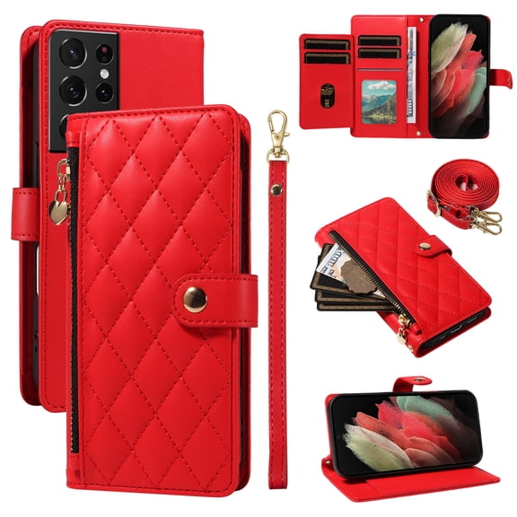 For Samsung Galaxy S21 Ultra Wallet Case: with RFID Blocking Card Slots [5 Cards 1 Cash Slot 1 Zipper Pocket | Soft PU Leather Magnetic Snap | Crossbody & Wrist Strap Protective Phone Cover,Red