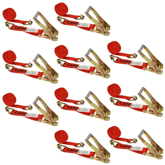 2" x 30' Red Ratchet Strap w/ Double J Hook - 10 Pack