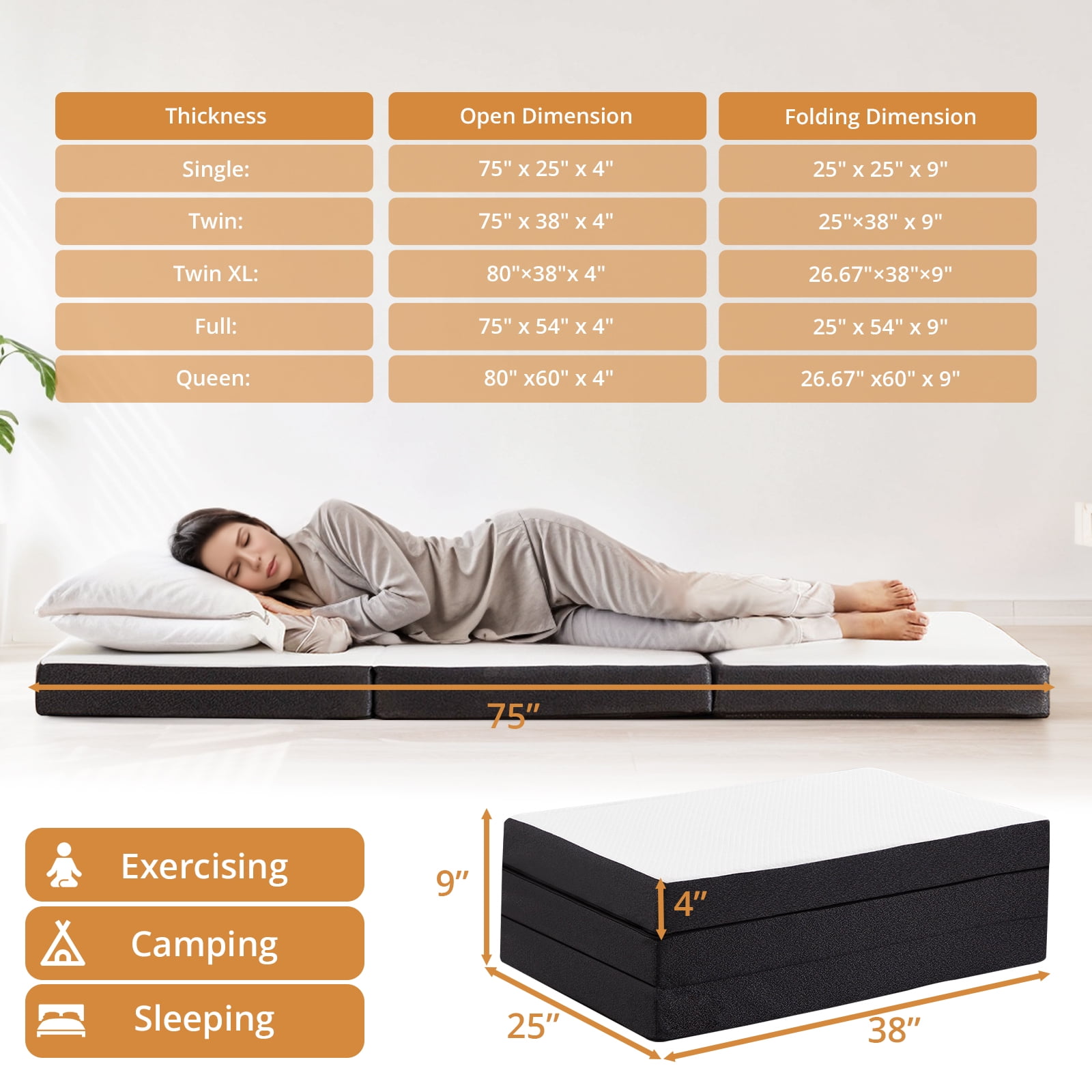 Simenmax Tri-Fold Memory Foam Mattress, 4 inch Single Folding Mattress