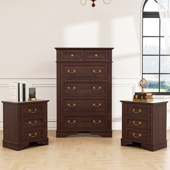 FIAKOA Bedroom Dresser & Nightstand Set,Farmhouse Wood Bedroom Furniture set with Spacious Storage, 3pc, Walnut Brown