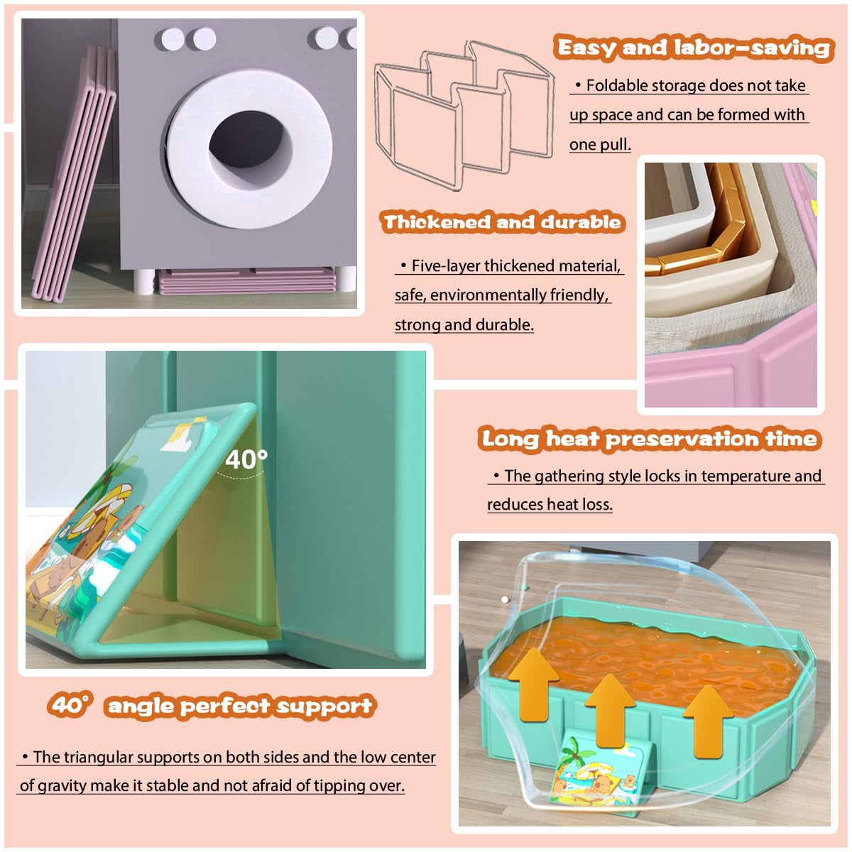 Baby Foldable Children's Bathtub, Portable Non-Slip Shower Tray for Kids, Toddler Bath Tub with Drain Plug, Boys and Girls Bathroom Water Pool, Cat and Dog Pet Wash Shower Basin (Pink)