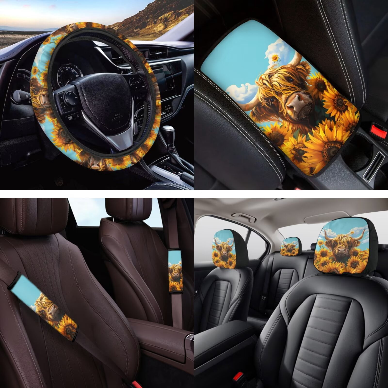 Yuyamidu 14 PCS Car Seat Covers and Steering Wheel Cover Highland Cow Seatbelt Strap Pad Sunflower Armrest Cover Pad Headrest Cover Cup Coasters Key Ring
