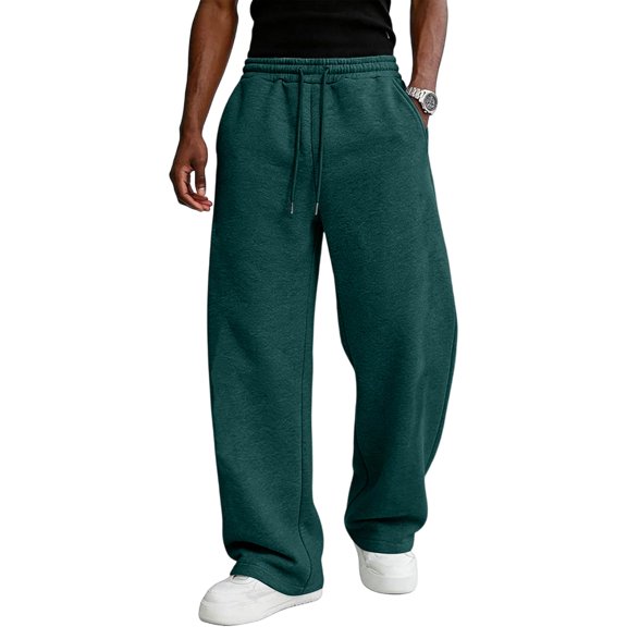 Nestiefly Men's Fleece Baggy Sweatpants | Wide Leg Pants, Athletic, Elastic Waist, Drawstring, Casual, Lounge, with Pockets, Streetwear, Comfort Dark Green S