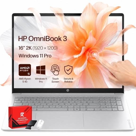HP OmniBook 3 16-Inch Touchscreen Laptop, 2K (1920x1200) IPS 16:10 Display, AMD Ryzen 5, 8GB DDR5 RAM, 512GB SSD, Wi-Fi 6, Windows 11 Pro