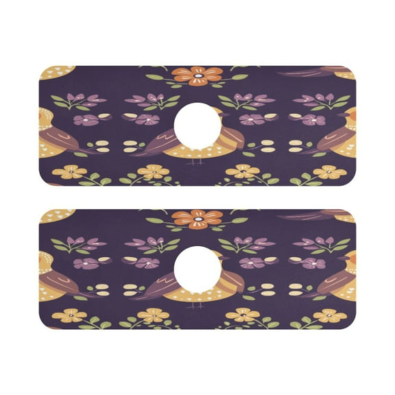 Whimsical Bird Pattern Quick Dry Silicone Algae Faucet Pad 14.7x5.4in 2 Pack Absorbent Mat for Kitchen Sink, Bathroom Countertop