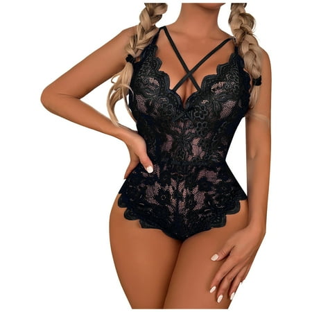 

KDDYLITQ Babydoll for Women Strappy Lace Bodysuit One Piece V Neck Sexy Lingerie Teddy Black XL