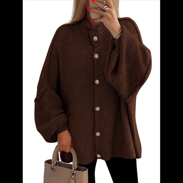 Cárdigan de Invierno con Botones para Mujer, Cuello Alto, Larga, Punto Grueso, Abrigo Marrón Oscuro S