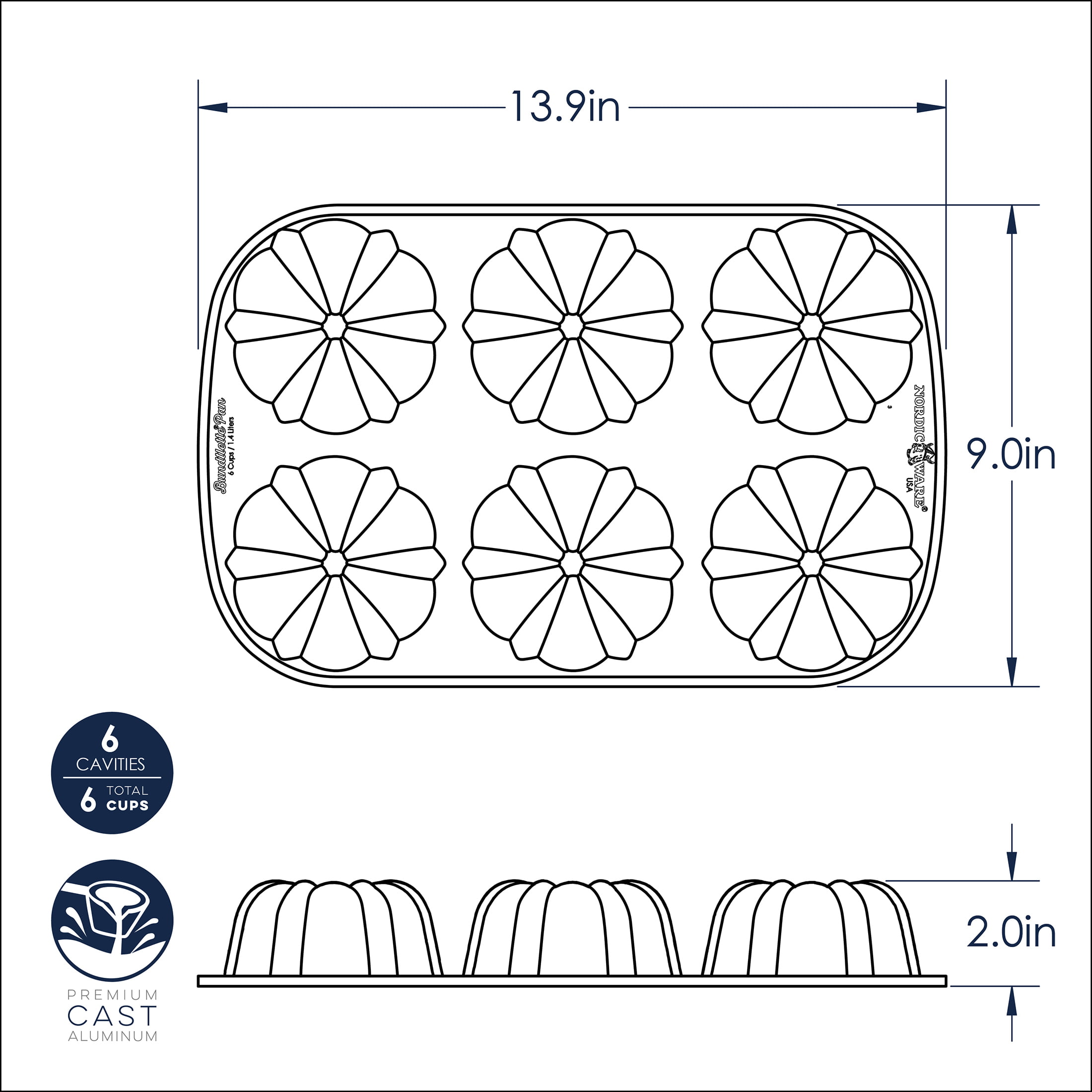 Nordic Ware Original Bundtlette 9 3/8 x 13 3/8 x 1 5/16 12-Compartment Non-Stick Cast Aluminum Bundtlette Mini Cake Pan 52802