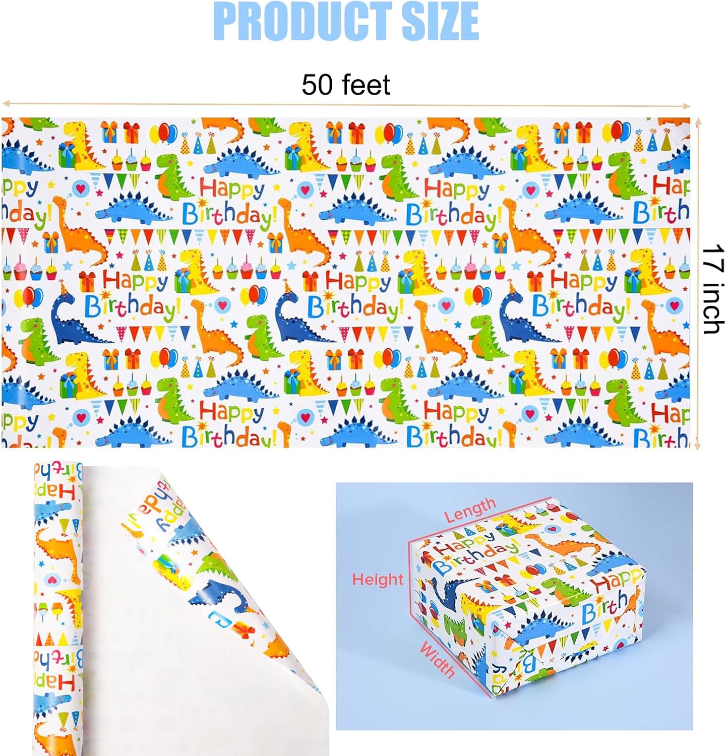 Dinosaur Wrapping Paper Rolls Colorful Text Happy Birthday Design Gift Wrapping Paper Roll for Kids Boys Girls Baby Dinosaur Gift Wrap for Birthday Bday Party Holiday Wrap - 17 Inch X 50 Feet
