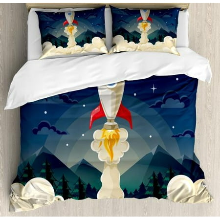 Outer Space Queen Size Duvet Cover Set Rocket Taking Of To