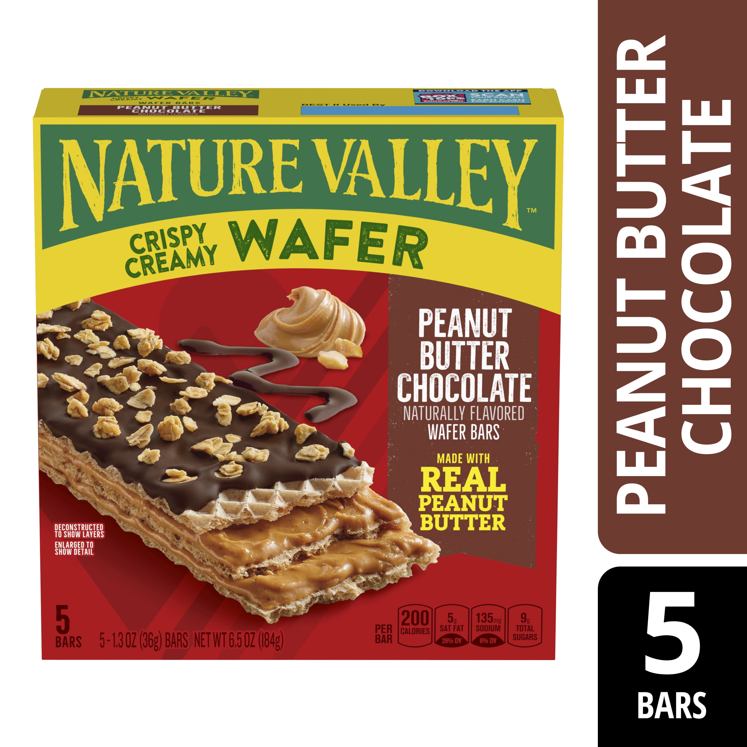 (6 pack) Nature Valley Crispy Creamy Wafer Bar, Peanut Butter Chocolate, 4g Protein, 5 Bars, 6.5 oz