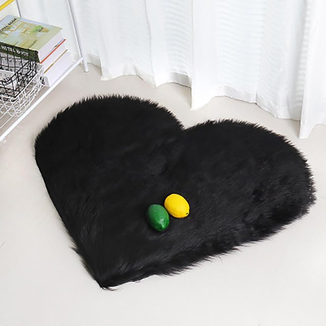 Heart Shaped Area Rug, 20x16 Inch, Black, Fluffy Faux Fur, Machine Washable, 1.3'x1.6'