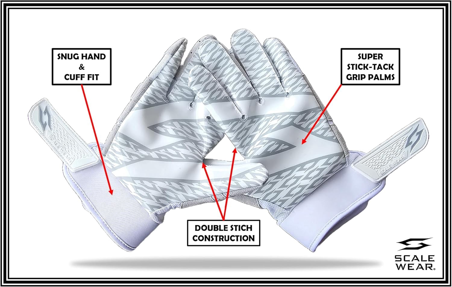 Scale Wear Design White Stealth Football Lineman Gloves with Tach Grip Silicone Palms. Adult Men's Youth Boys Sticky Lineman Wide Receiver Flag Football Boost Your Game! (Youth-XL, White-Grey)