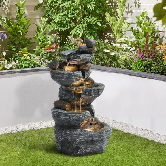 Bird Outdoor Water Fountain, 5 Tiered Waterfall Fountains with LED Lights, Garden Waterfalls Outside, Modern Cascading Rock Fountain for Garden, Yard, Patio, Home Decor