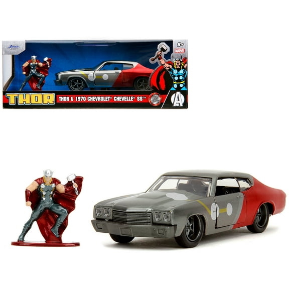 1970 Chevrolet Chevelle SS Gray Metallic and Red Metallic with Black Hood and Thor Diecast Figure "The Avengers" "Hollywood Rides" Series 1/32 Diecast Model Car by Jada