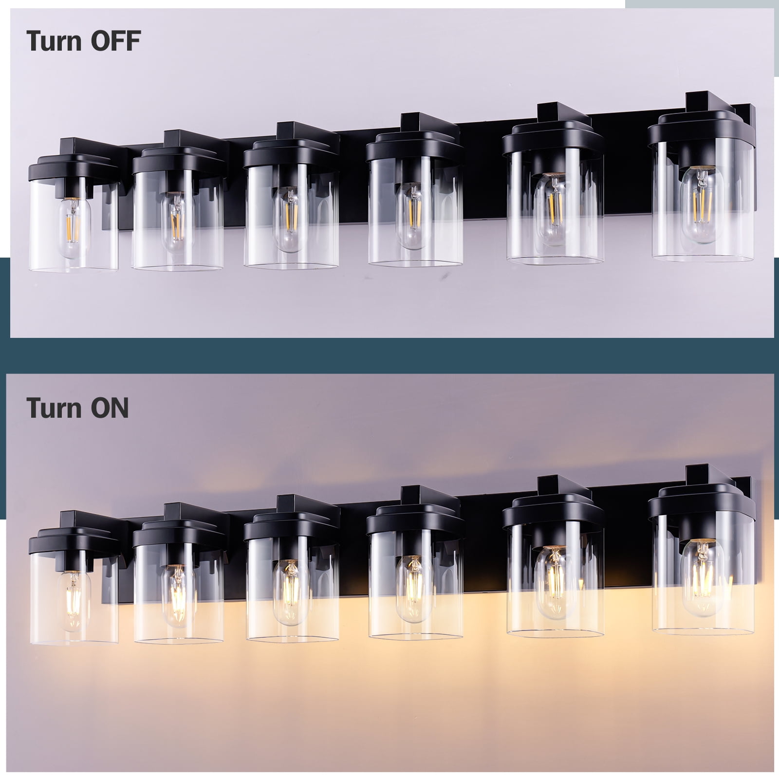 6 Light Bathroom Vanity Light, Matte Black Bathroom Light Fixtures with Clear Glass Shade, Vanity Light Fixtures Over Mirror for Bedroom Living Room(NO BULBS)