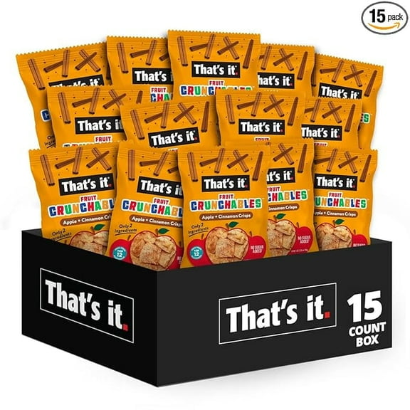 That?s it. Fruit Crunchables Apple + Cinnamon Crisps, 15-Pack ? 100% Plant-Based Fruit Snacks for Kids, Non-GMO, Gluten-Free, No Added Sugar, Allergen-Free, Healthy Lunchbox Snack for Kids & Adults