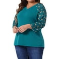 thumbnail image 4 of Agnes Orinda Women's Plus Size Shirts Blouse V Neck 3/4 Sleeve Floral Raglan Casual Spring Fall Tops 4X Peacock Blue, 4 of 6