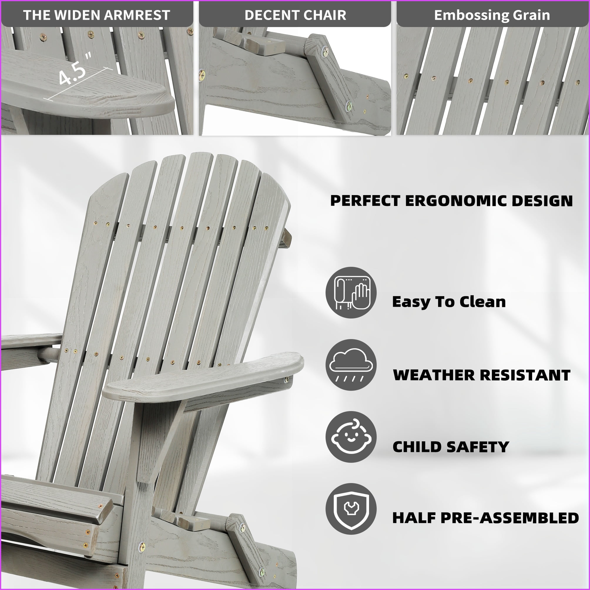 Outdoor Adirondack Chairs Set of 2, Foldable Solid Cedar Wood Slate Gray Lounge Chairs for Patio Backyard | Solid Wood | Slate Gray