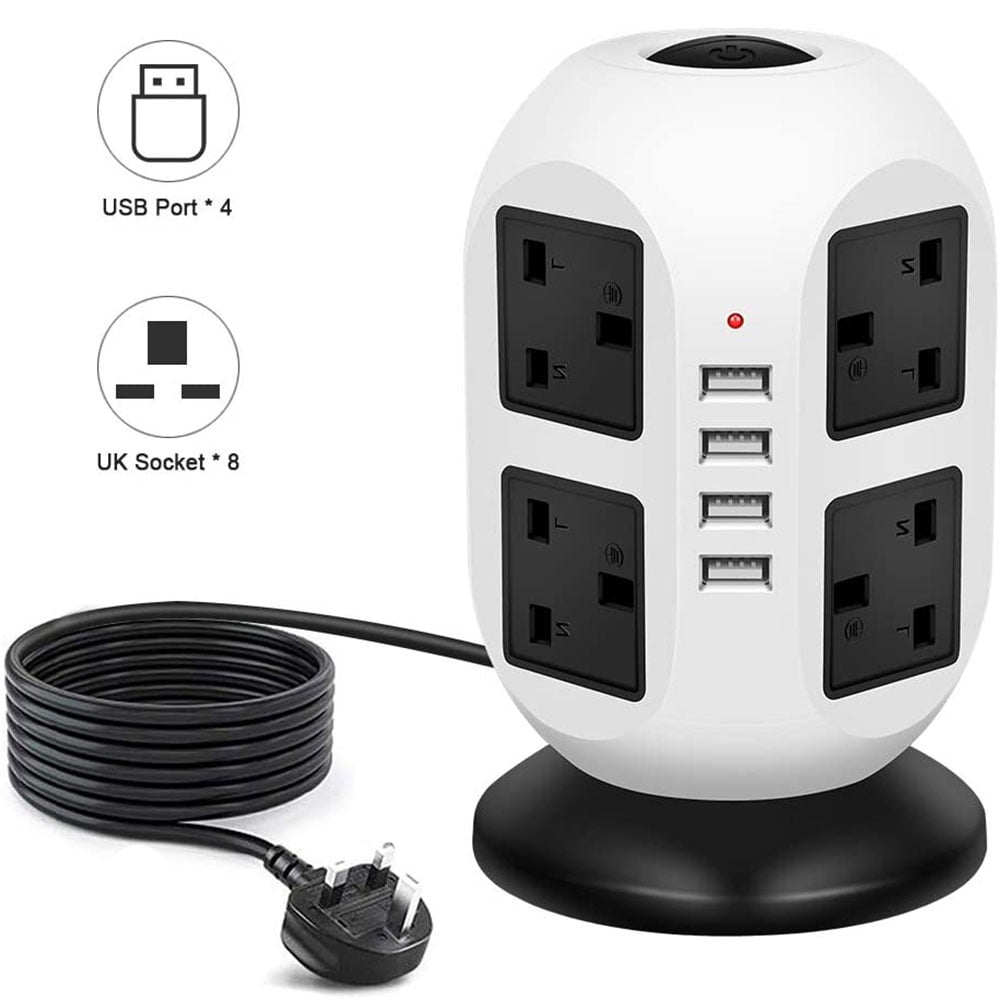 Power Strip Tower Extension Cord 8 Outlet 4 USB Ports 2500W/10A Surge Charger 